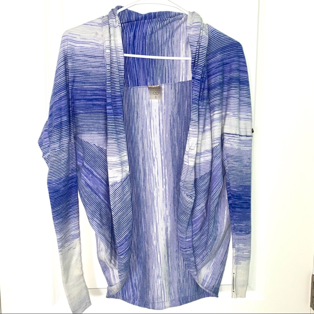 Calia shawl collar cocoon open front sweater wrap blue striped size Small